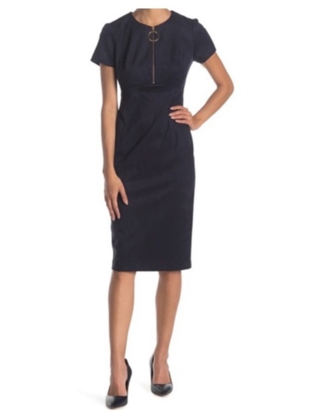 Calvin Klein Dark Blue Indigo Suede-Look O-Ring Front Zip Sheath Dress - sz 4